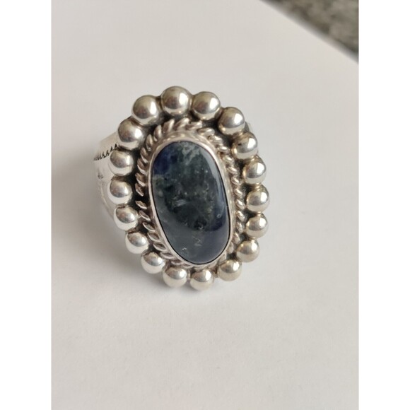 Native American Sz 10 925 Sterling Silver Sodalite Gray Blue Black Ring 13g